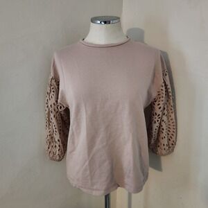 A New Day Womens Sweatshirt Top‎ Size S Mauve Eyelet Sleeve Crew Neck Casual